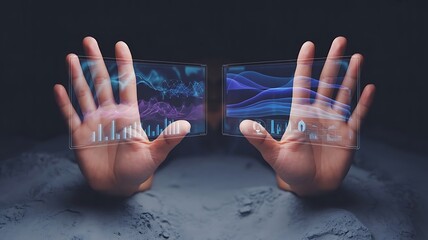 Human hands presenting holographic data visualizations on transparent screens with colorful graphs