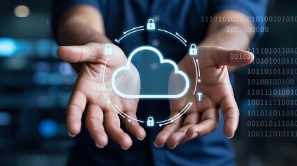 Open hands presenting a secure cloud computing network with digital locks and binary data