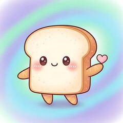Cartoon bread slice character holding heart against colorful background