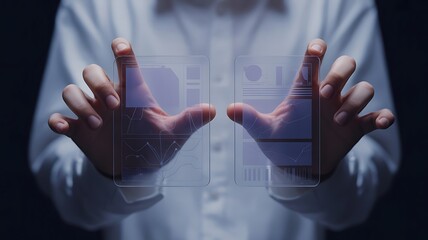 Person holding transparent screens displaying data graphs and charts with futuristic interface