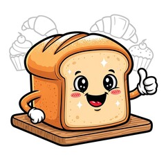 Cartoon bread with smiling face and thumbs up on wooden board