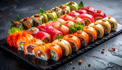 Colorful sushi rolls arranged neatly on a dark slate, with garnishes, close-up, delicious