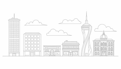 Obraz premium Outline illustration of various urban buildings and clouds against a white background