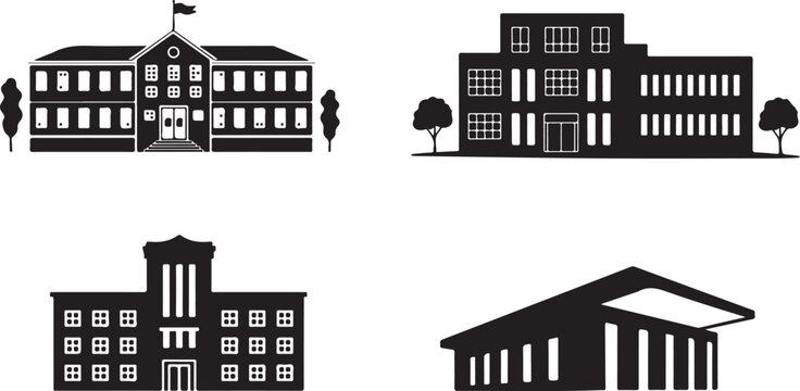 school building silhouettes set four architectural styles vector icons