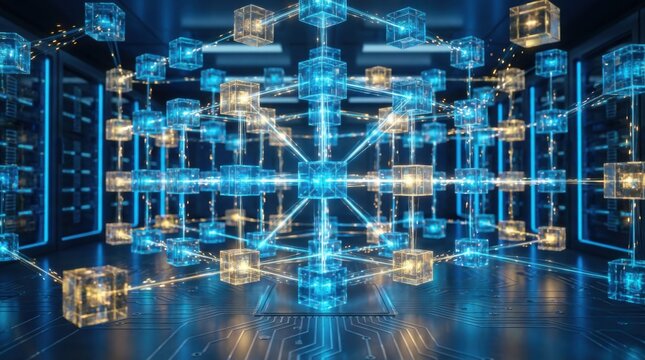 Futuristic blockchain network with glowing blue cubes and connections
