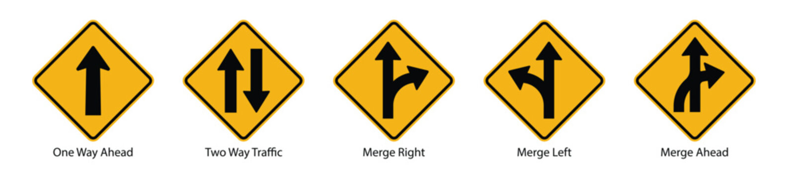 yellow road warning sign set one way two way traffic merge right left ahead icon
