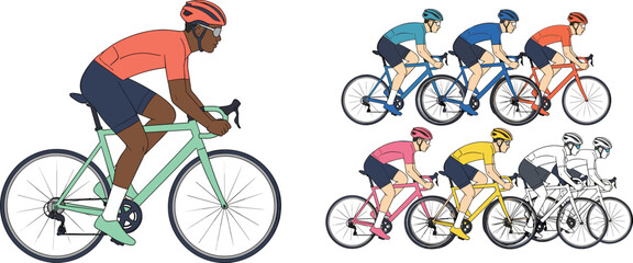 Obraz premium Group of professional cyclists riding racing bicycles in colorful sportswear, road bike competition illustration showing teamwork, speed, fitness, endurance