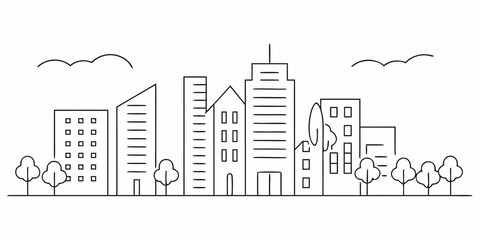Obraz premium Simple line drawing of a modern cityscape with trees and clouds