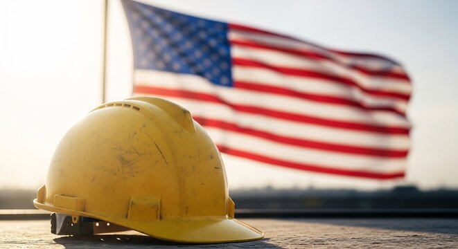 Yellow construction hard hat in front of the american flag, symbolizing patriotism and hard work