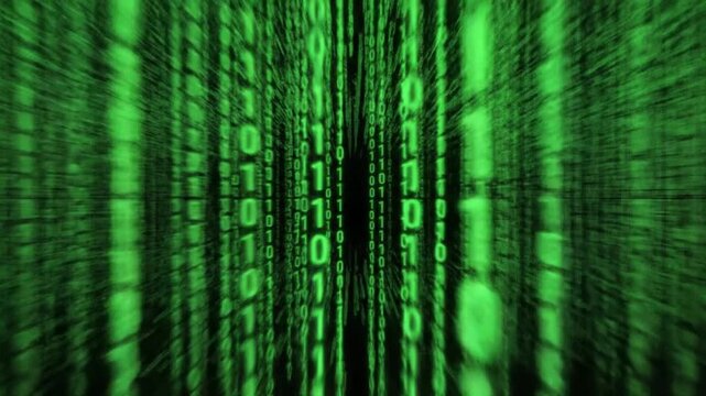 Abstract digital rain background with falling binary code, creating a futuristic cyberspace.