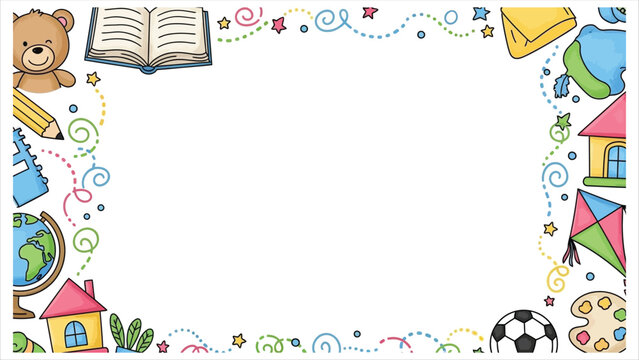 Colorful educational border for kids with school supplies and toys
