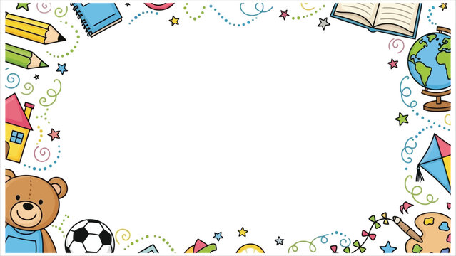 Colorful educational border with school supplies and toys for kids