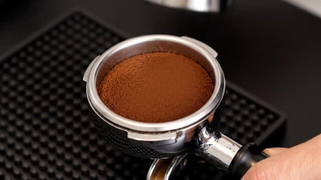Crafting Perfect Espresso: Barista Hands Expertly Tamping Fresh Coffee Grounds for Optimal Extraction
