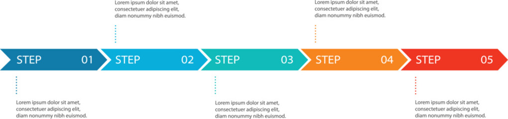 Modern Five Step Process Timeline Infographic - Horizontal Arrow Flow Diagram with Colorful Chevron Progress Milestones