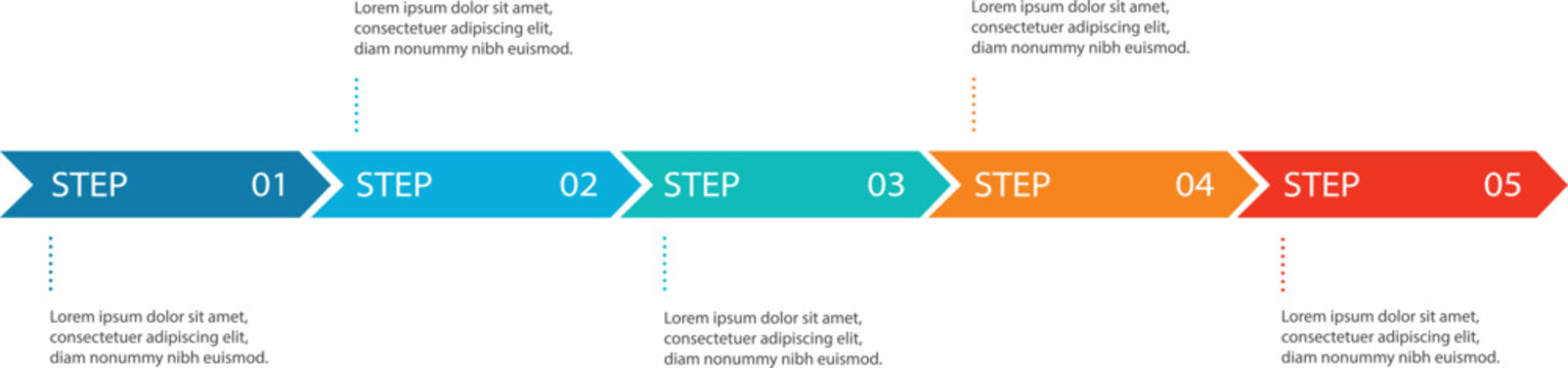 Modern Five Step Process Timeline Infographic - Horizontal Arrow Flow Diagram with Colorful Chevron Progress Milestones