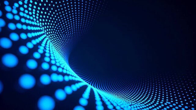 Abstract blue particle wave with flowing digital dots on dark background