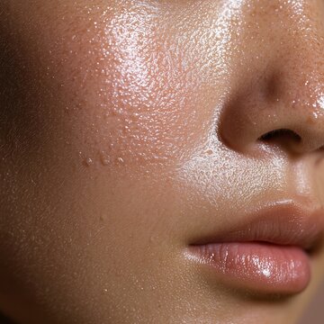 Extreme close-up of skin with visible oiliness and dry texture