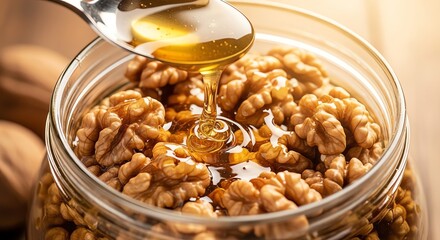 Obraz premium Walnuts in glass jar with honey drizzle