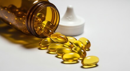 Yellow capsules spilling from bottle