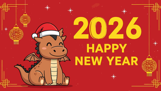Cute cartoon dragon wearing a Santa hat, celebrating the New Year.