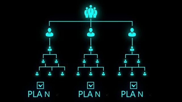 Business organizational chart with glowing blue silhouettes on black background business hierarchy company structure