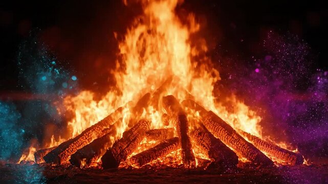 A vibrant bonfire burns brightly on a dark night with colorful smoke swirling around it, during a festive celebration in India.