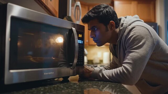 Captivated by the Microwave: A Moment of Anticipation as the Timer Counts Down in a Cozy Kitchen Setting