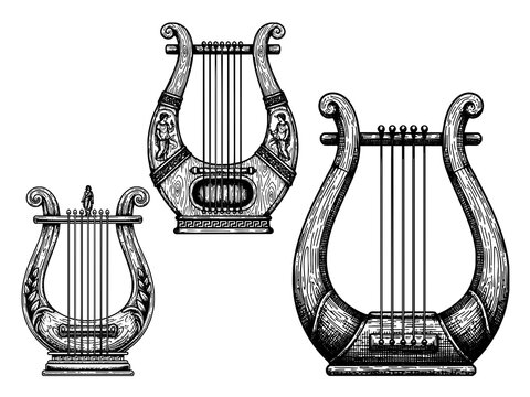 Ancient Greek lyre engraving illustration for cultural branding