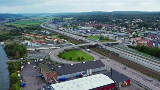 Trollhatteleden European Route E45 Along Alvangen Locality In Ale Municipality, Vastra Gotaland, Sweden. - aerial shot