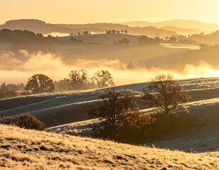 A serene landscape with rolling hills, trees, and misty valleys