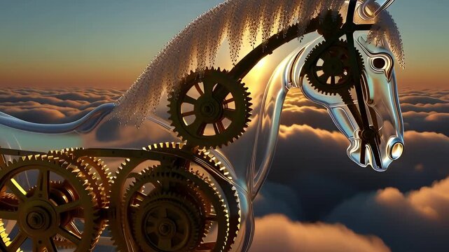 Majestic clockwork horse crafted from transparent crystal and brass gears stands triumphantly above a sea of clouds during a brilliant sunset.
