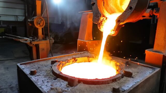 blacksmith working in the fire, industrial scene of molten metal being poured from a furnace into a casting mold, with bright orange liquid metal glowing as it fills the mold