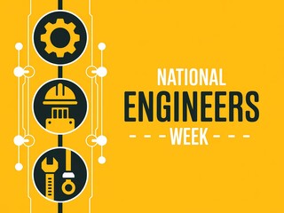 National engineers week graphic design with gear, hard hat, and tools icons on yellow background