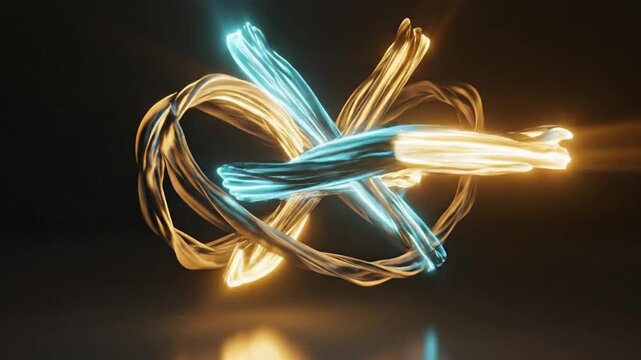 A tangled bundle of glowing blue and yellow neon tubes against a dark background with reflections.