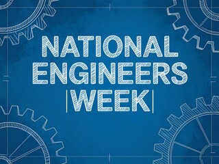 National engineers week logo on blue background with gear designs