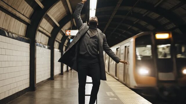 A man stands precariously on a stool in a subway station, showcasing a daring pose as a train approaches, capturing an intriguing blend of urban life and creativity.