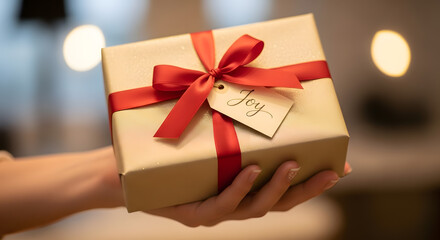 A person holding a gift box wrapped in beige paper with a red ribbon