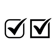 Two distinct black checkmark icons, one within a square with rounded corners and the other in a sharp-cornered square, symbolizing completion, approval, and correctness.