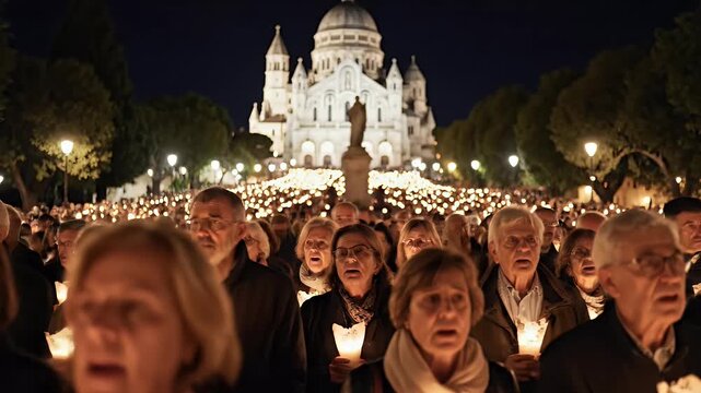 Lourdes Pilgrimage Thousands Of Flickering Candles At Night Procession
