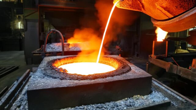 blacksmith working in the fire, industrial scene of molten metal being poured from a furnace into a casting mold, with bright orange liquid metal glowing as it fills the mold