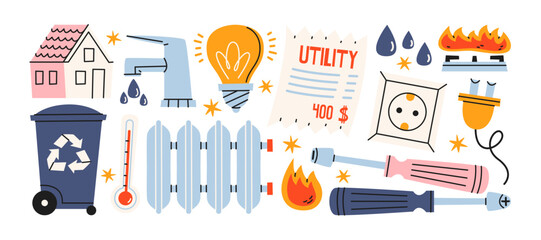 Utility services stickers in retro cartoon style. Household icons: electricity bill, water tap, gas stove, heating radiator, recycling bin. Home utilities concept for invoices, housing services