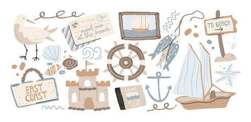 Seaside beach travel stickers in retro cartoon style. Coastal elements: sailboat, anchor, steering wheel, seagull, sandcastle, shells, direction signs. Summer vacation and ocean journey concept © Limpreom