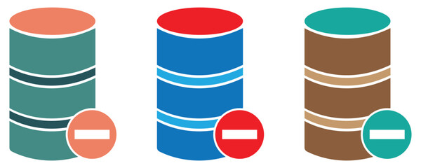 Remove database icons vector, database minus icon set, colorful remove database icons vector set in trendy flat style illustration isolated on white background.