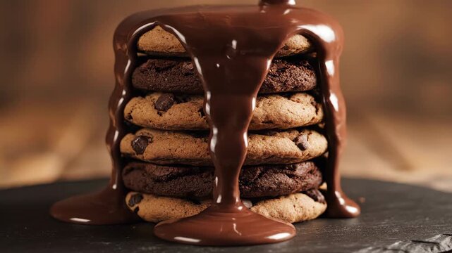 Luxurious, thick chocolate ganache slowly drizzling down the rugged, textured layers of a stacked brookie tower commercial, macro, sweetness