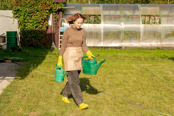 woman fertilizing apple tree