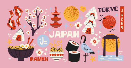 Japanese culture stickers set in cartoon style. Doodle sushi, geisha, koi fish, sakura, ramen, and lucky cat. Retro fun and colorful illustrations traditional asian elements