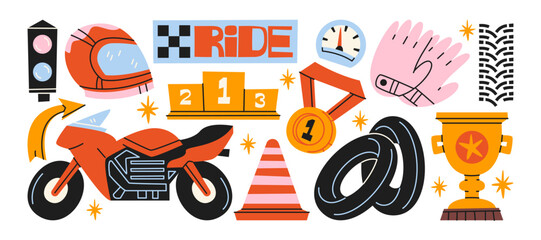 Motorsport racing stickers with motorcycle competition elements including helmet, trophy, racing track, tires and speed symbols for motorbike sport events. Cartoon racing shapes for moto competition  © Limpreom