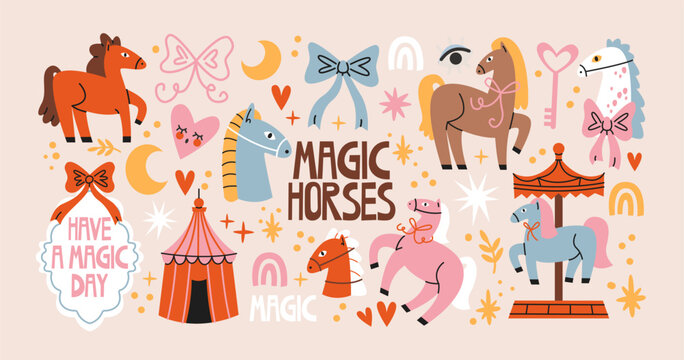 Pegasus and magic horse pets in retro cartoon style. Mythical elements: winged horses, stars, clouds. Enchanted pony collection with fantasy creatures, dreamy accents and playful mystical motifs