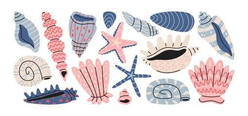 Sea shell stickers with marine ocean elements including seashells, starfish and coastal beach objects. Tropical sea life shapes with underwater marine shells, ocean nature elements and summer seaside  © Limpreom