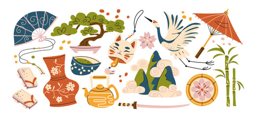 Japanese culture stickers in retro cartoon style. Asian symbols: fan, crane, bonsai, teapot, mask, umbrella, bamboo, mountains. Traditional oriental objects collection with sakura flowers  © Limpreom